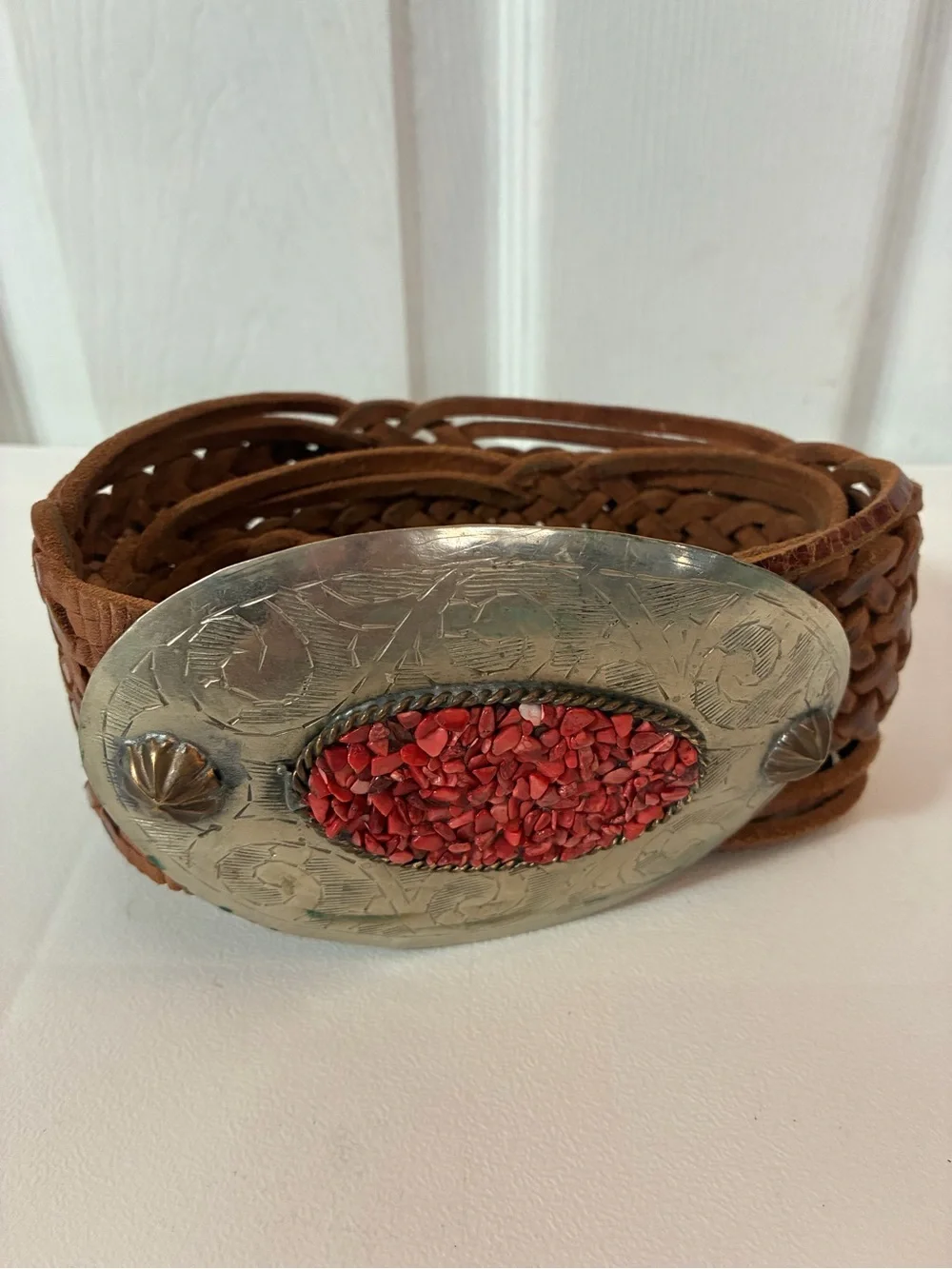 Vintage Chico's Braided Leather Belt Southwestern Silver Red Stone Buckle Sz S/M